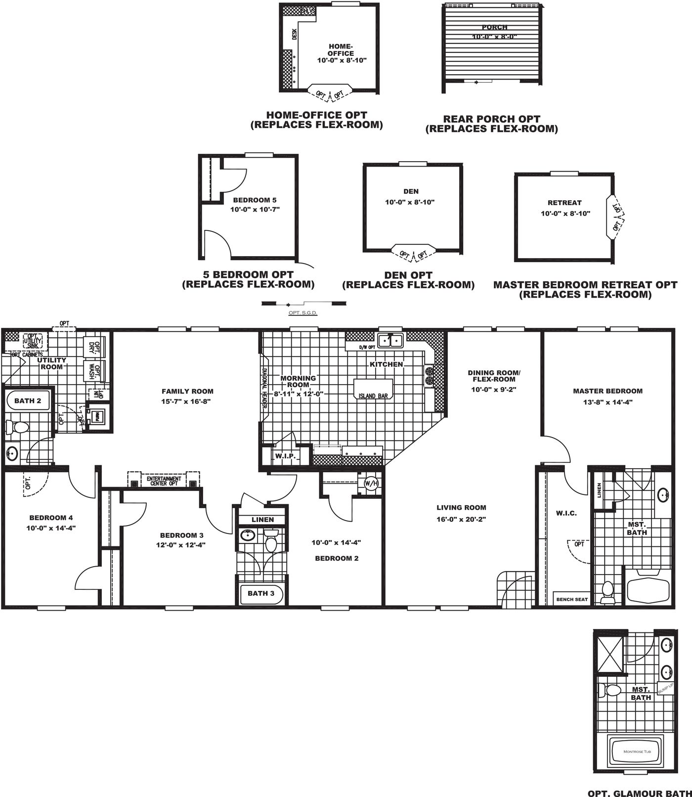 The BROOKLINE FLEX Floor Plan. This Manufactured Mobile Home features 4 bedrooms and 2 baths.