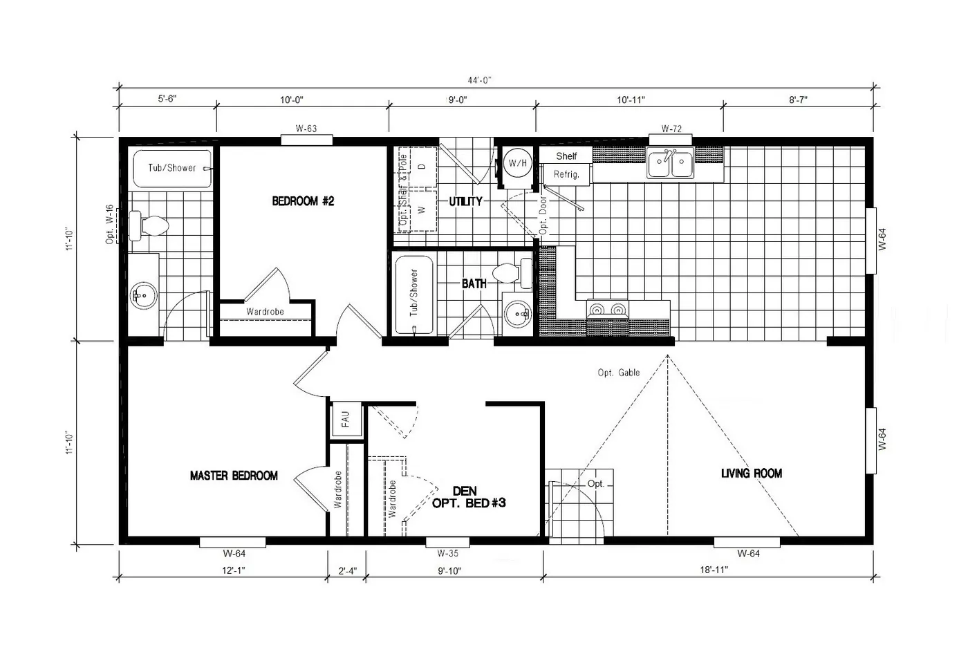 The DRM442A 2444' DREAM Floor Plan. This Manufactured Mobile Home features 3 bedrooms and 2 baths.