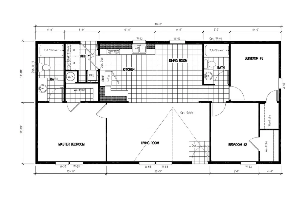 The DRM481A 2448' DREAM Floor Plan. This Manufactured Mobile Home features 3 bedrooms and 2 baths.