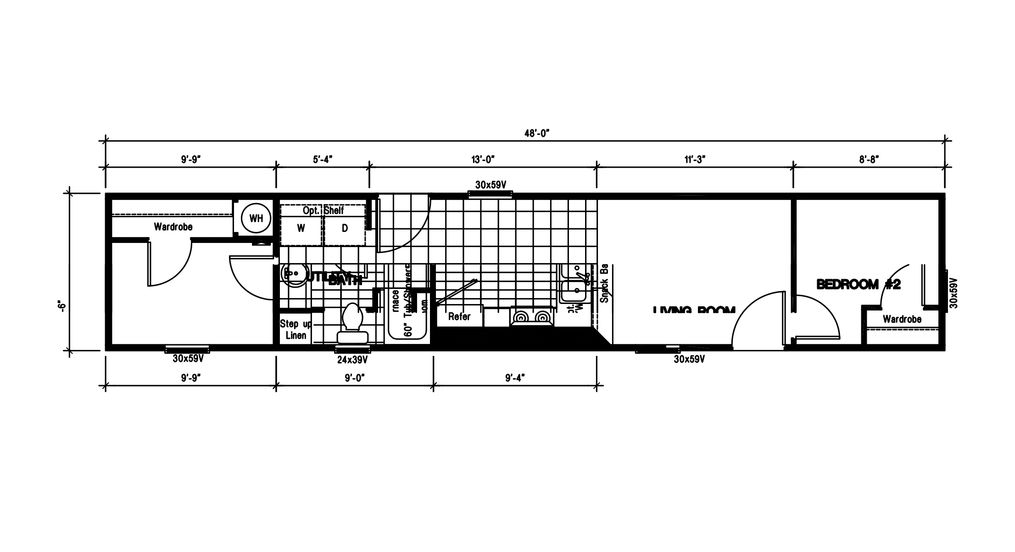 The DRM481M 48' DREAM Floor Plan. This Manufactured Mobile Home features 2 bedrooms and 1 bath.