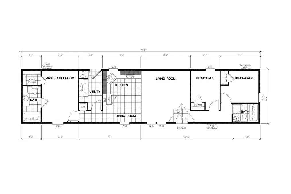 The DRM661N 1566' DREAM Floor Plan. This Manufactured Mobile Home features 3 bedrooms and 2 baths.