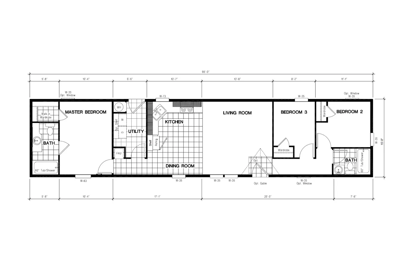 The DRM661N 1566' DREAM Floor Plan. This Manufactured Mobile Home features 3 bedrooms and 2 baths.