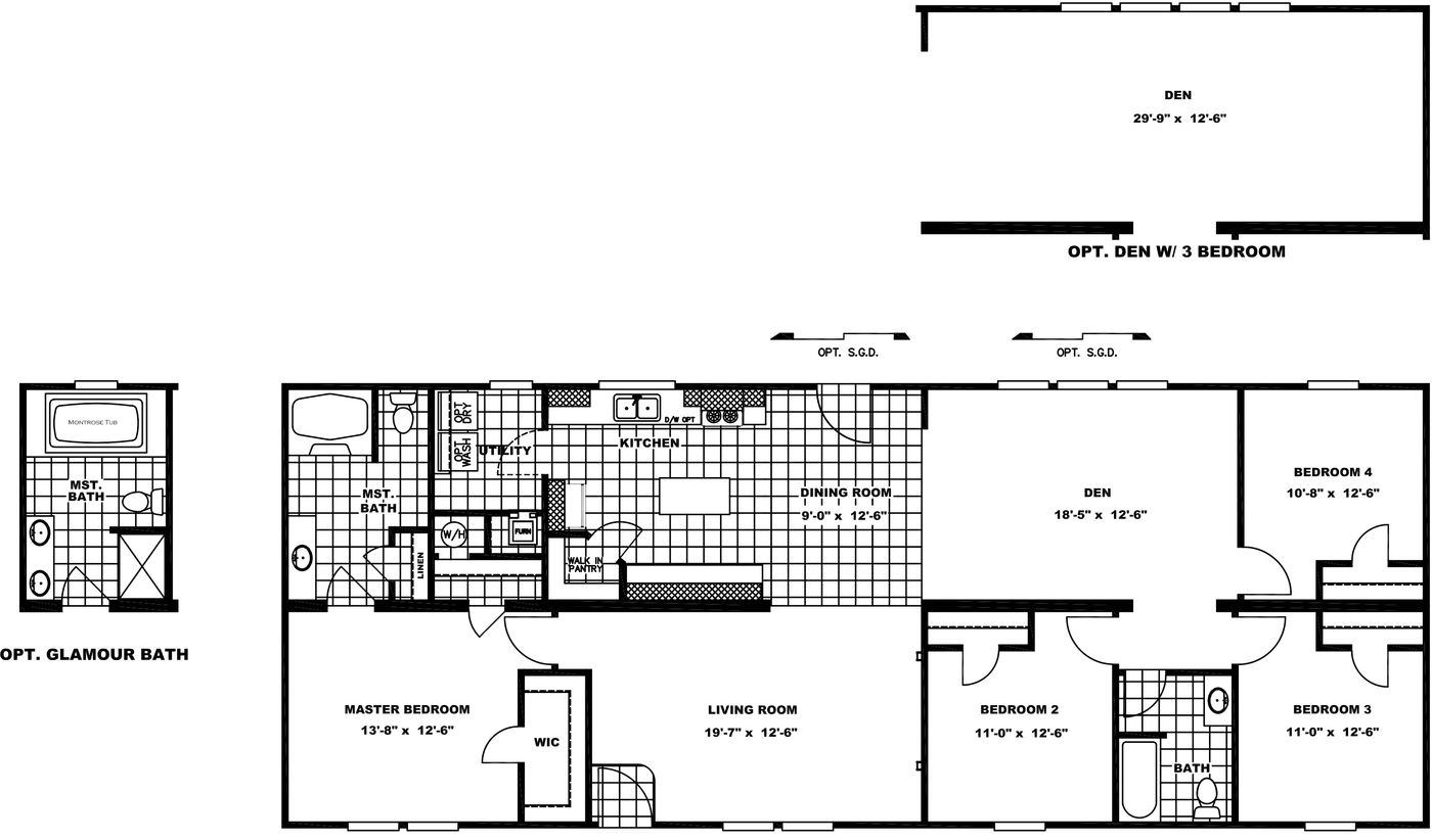 The RANGER 68A Floor Plan. This Manufactured Mobile Home features 4 bedrooms and 2 baths.