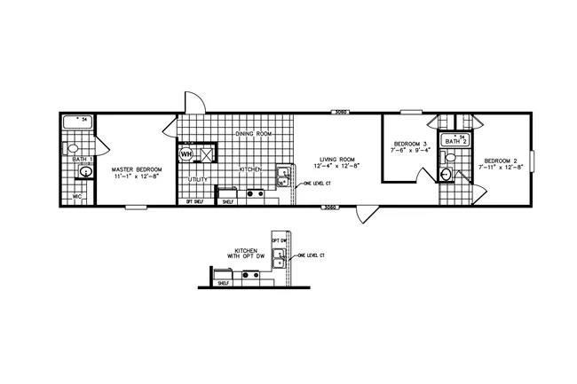 The THE GEM Floor Plan. This Manufactured Mobile Home features 3 bedrooms and 2 baths.