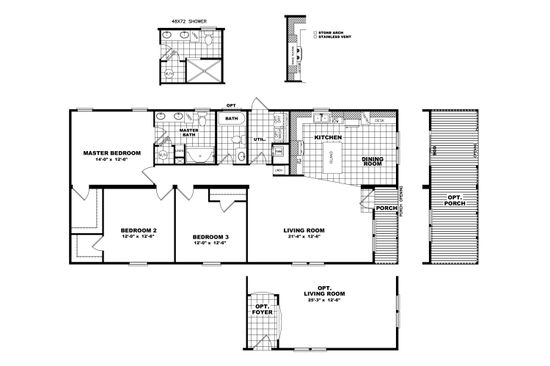 The THE NELSON 28 Floor Plan. This Manufactured Mobile Home features 3 bedrooms and 2 baths.