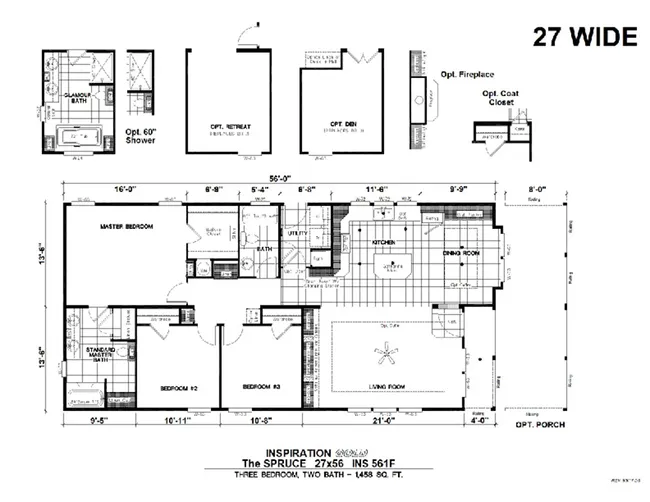 The THE SPRUCE Floor Plan. This Manufactured Mobile Home features 3 bedrooms and 2 baths.
