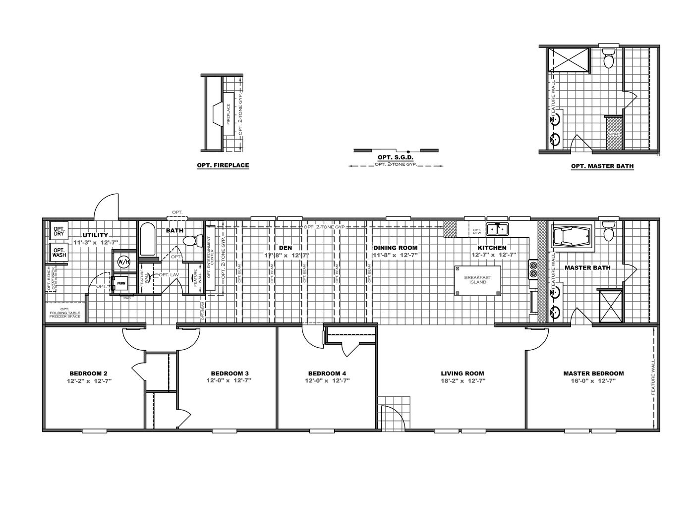 The TRADITION 76D Floor Plan. This Manufactured Mobile Home features 4 bedrooms and 2 baths.