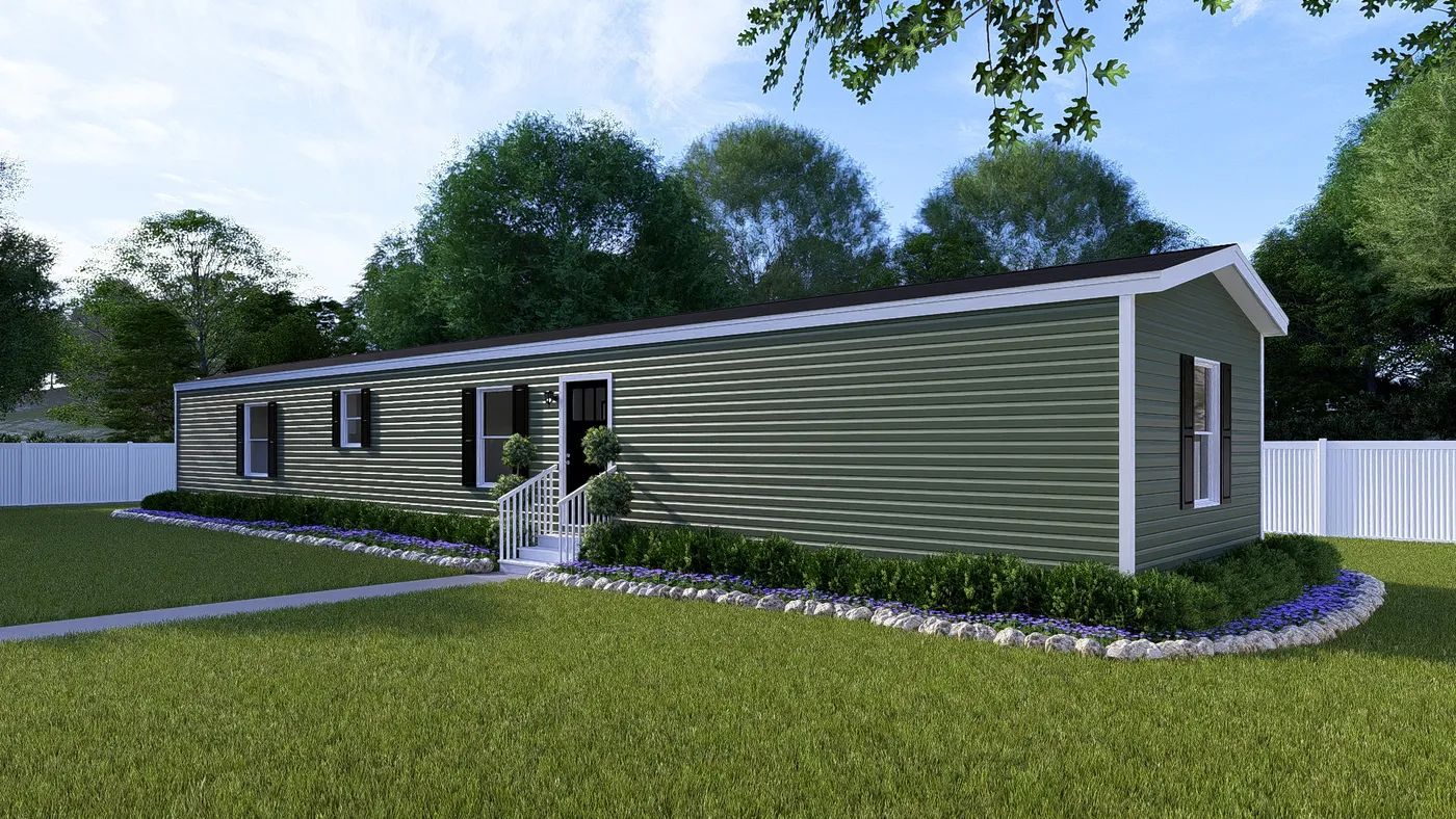 The DESIRE Exterior in Olive Vinyl. This Manufactured Mobile Home features 3 bedrooms and 2 baths.
