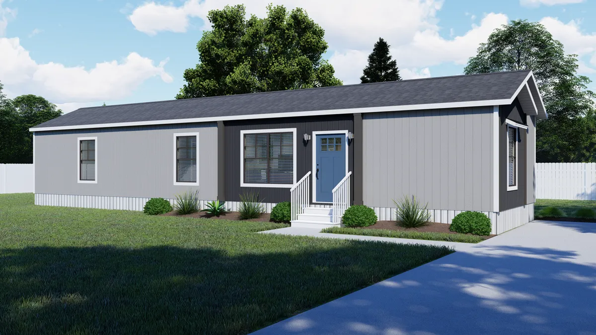 The TRINITY 60 Exterior. This Manufactured Mobile Home features 2 bedrooms and 2 baths.