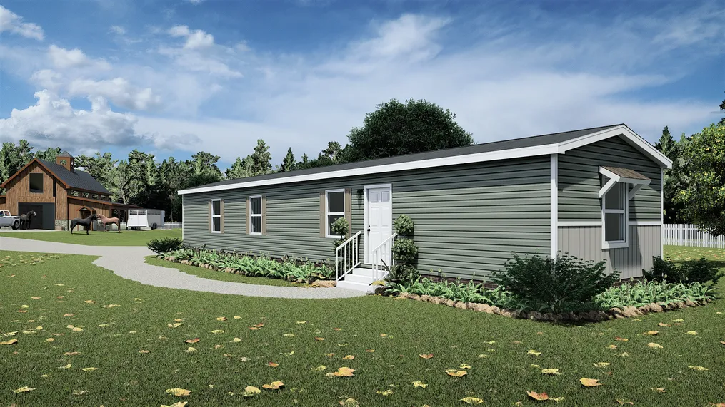 The MUSTANG Exterior. This Manufactured Mobile Home features 2 bedrooms and 2 baths.
