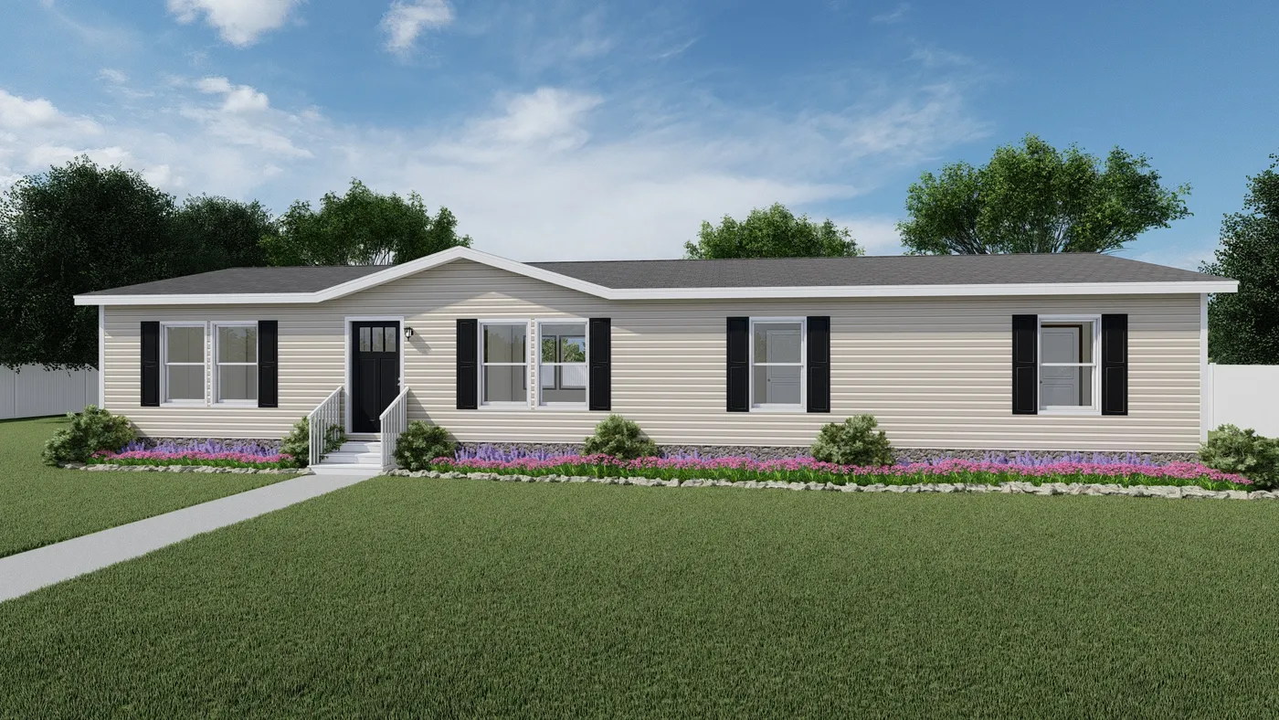 The IMPACT Exterior with Mist Vinyl. This Manufactured Mobile Home features 4 bedrooms and 2 baths.