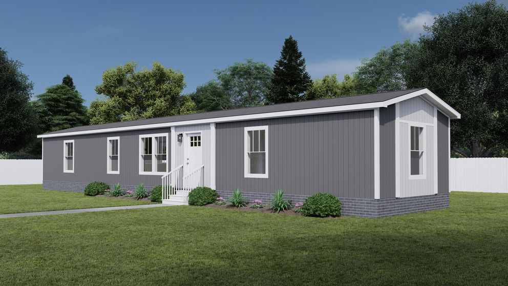 The MOVE ON UP Exterior. This Manufactured Mobile Home features 3 bedrooms and 2 baths. Dover Gray, Thin Ice and Delicate White. 