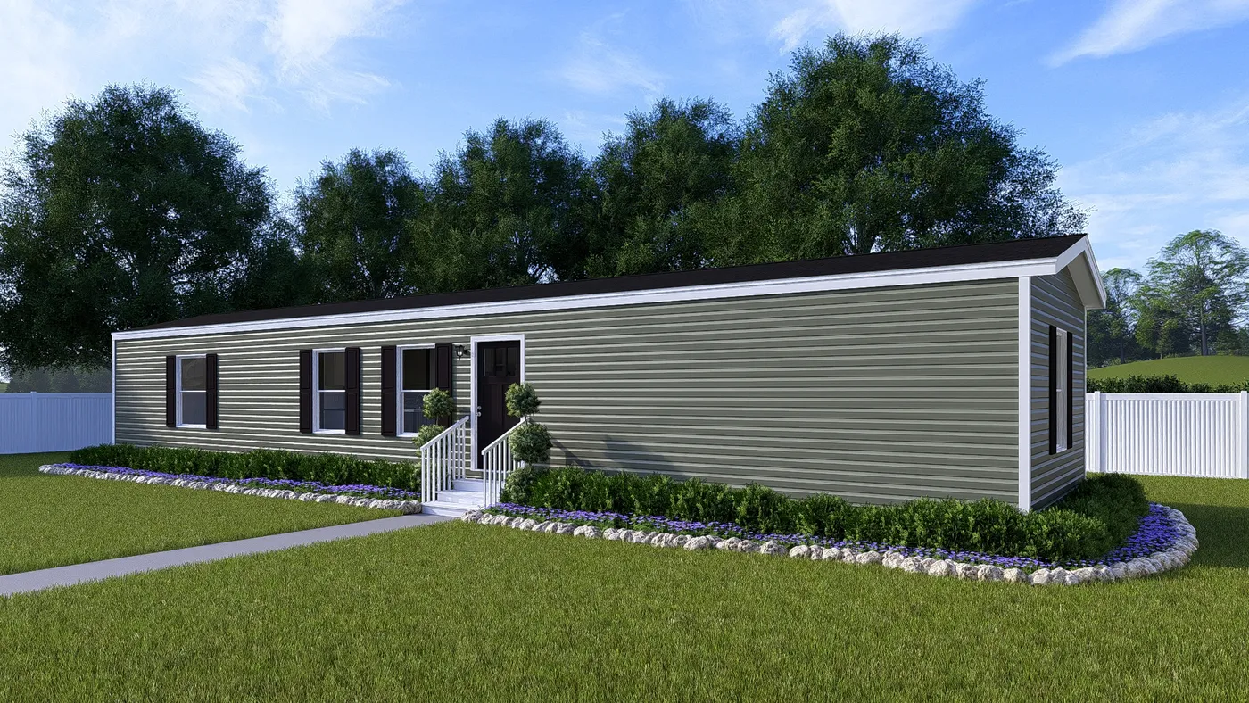 The INTUITION Exterior in Olive Vinyl. This Manufactured Mobile Home features 3 bedrooms and 2 baths.
