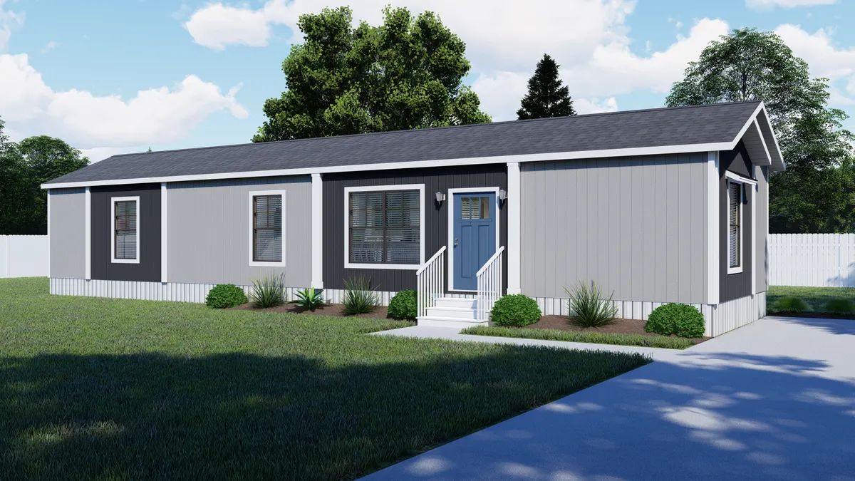 The TRINITY 60 Exterior. This Manufactured Mobile Home features 2 bedrooms and 2 baths.
