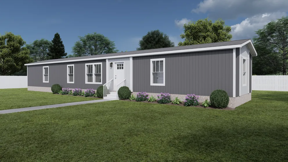 The SWEET CAROLINE Exterior. This Manufactured Mobile Home features 3 bedrooms and 2 baths. Dover Gray, Thin Ice and Delicate White.