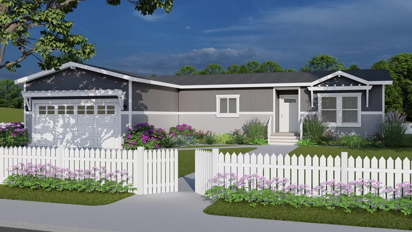 The CORONADO 24563C Trellis Exterior with Garage. This Manufactured Mobile Home features 3 bedrooms and 2 baths.