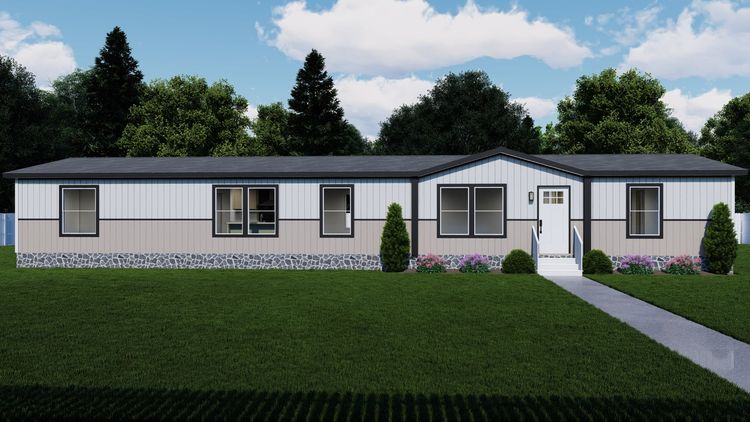 Tulle White - Southern Ranch elevation. The RAINIER Exterior. This Manufactured Mobile Home features 4 bedrooms and 3 baths.