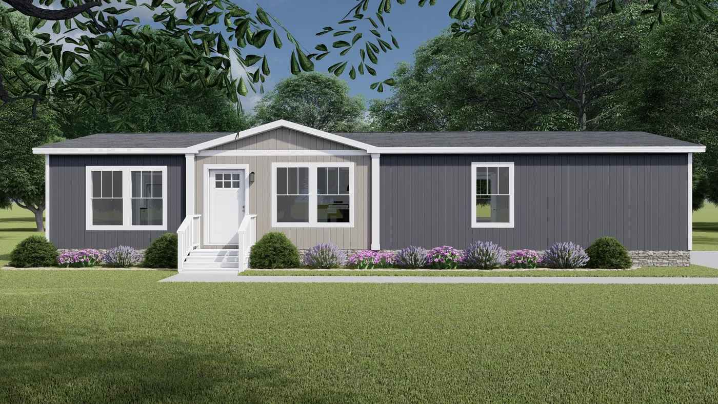 The LET IT BE Exterior. This Manufactured Mobile Home features 3 bedrooms and 2 baths.
