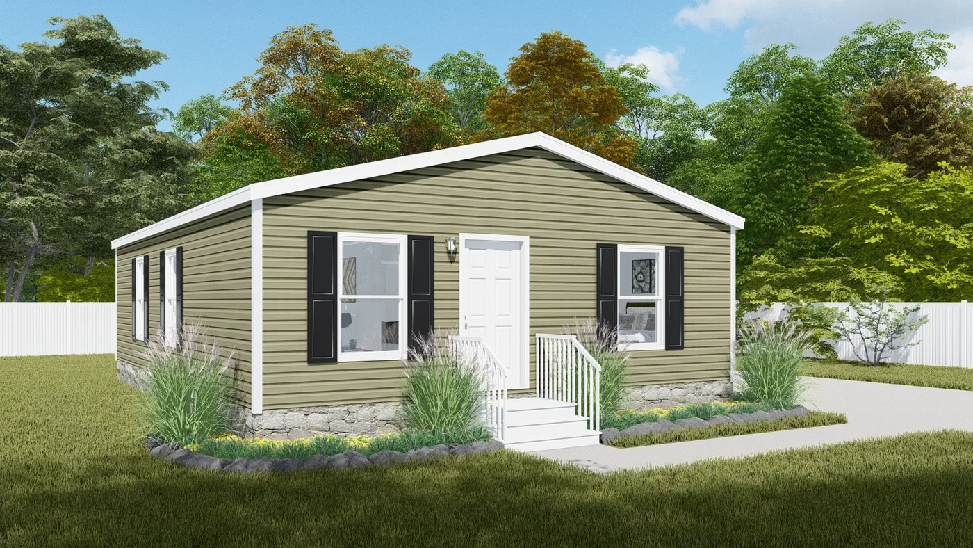 The JADE Exterior. This Manufactured Mobile Home features 2 bedrooms and 1 bath.