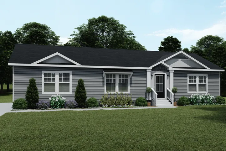 The 1439 6/12 Roof Pitch CAROLINA "MAGNOLIA" Exterior. This Manufactured Mobile Home features 3 bedrooms and 2 baths.
