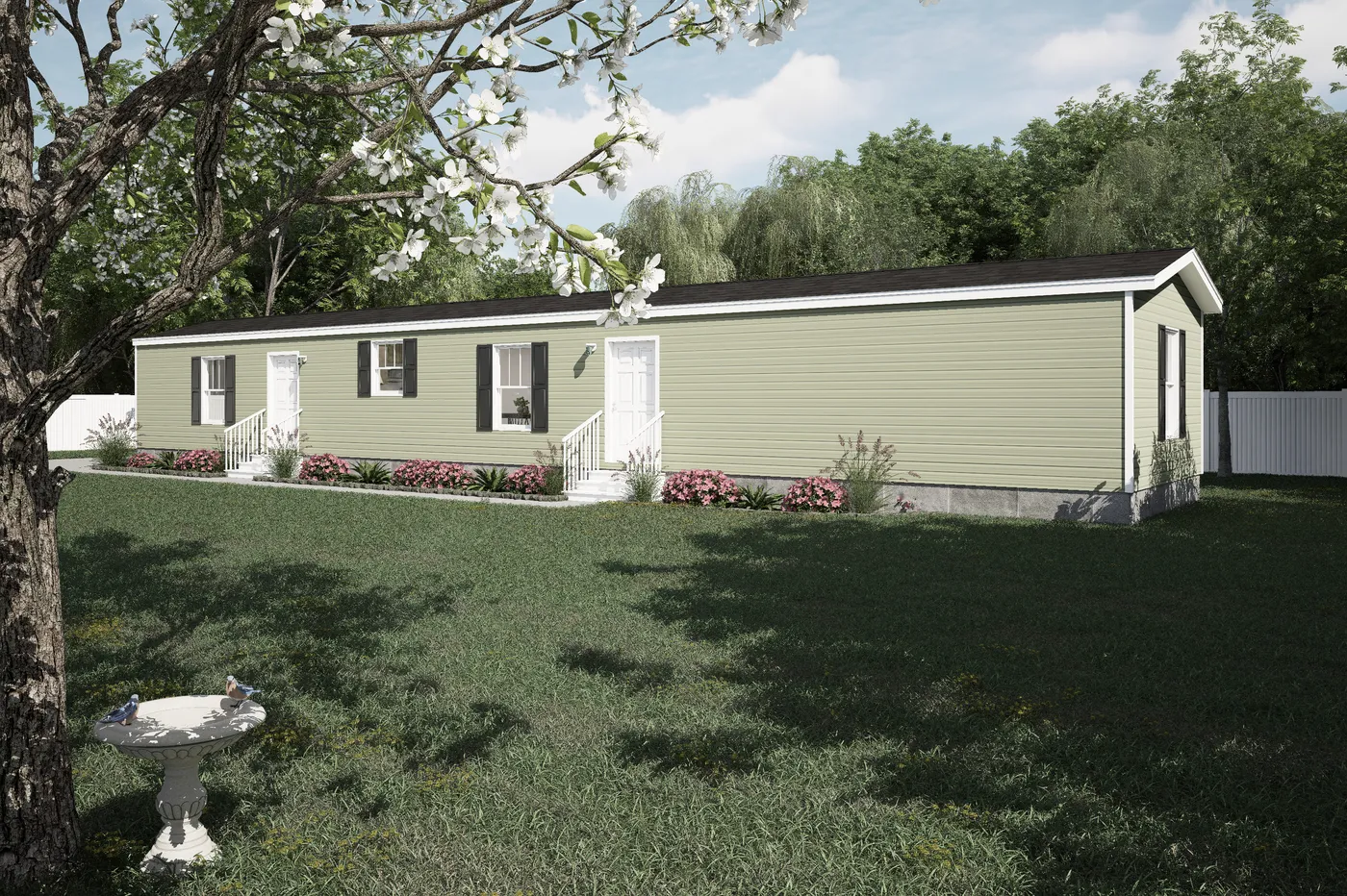 The 7616-SW023 Exterior. This Manufactured Mobile Home features 3 bedrooms and 2 baths.