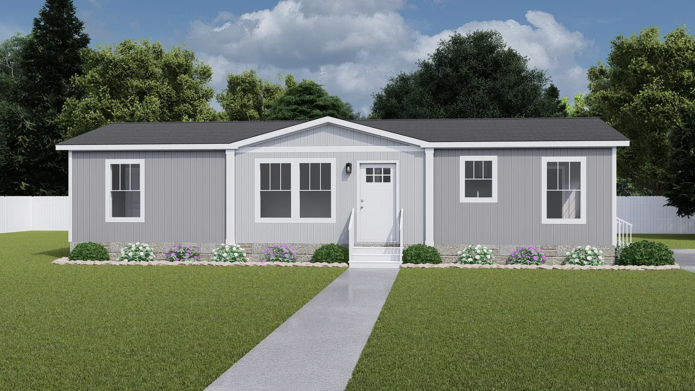 The HERE COMES THE SUN Exterior. This Manufactured Mobile Home features 3 bedrooms and 2 baths.