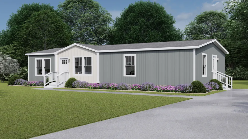 The SHOUT Exterior. This Manufactured Mobile Home features 3 bedrooms and 2 baths. Gray Heron, Oatmeal and Delicate White.