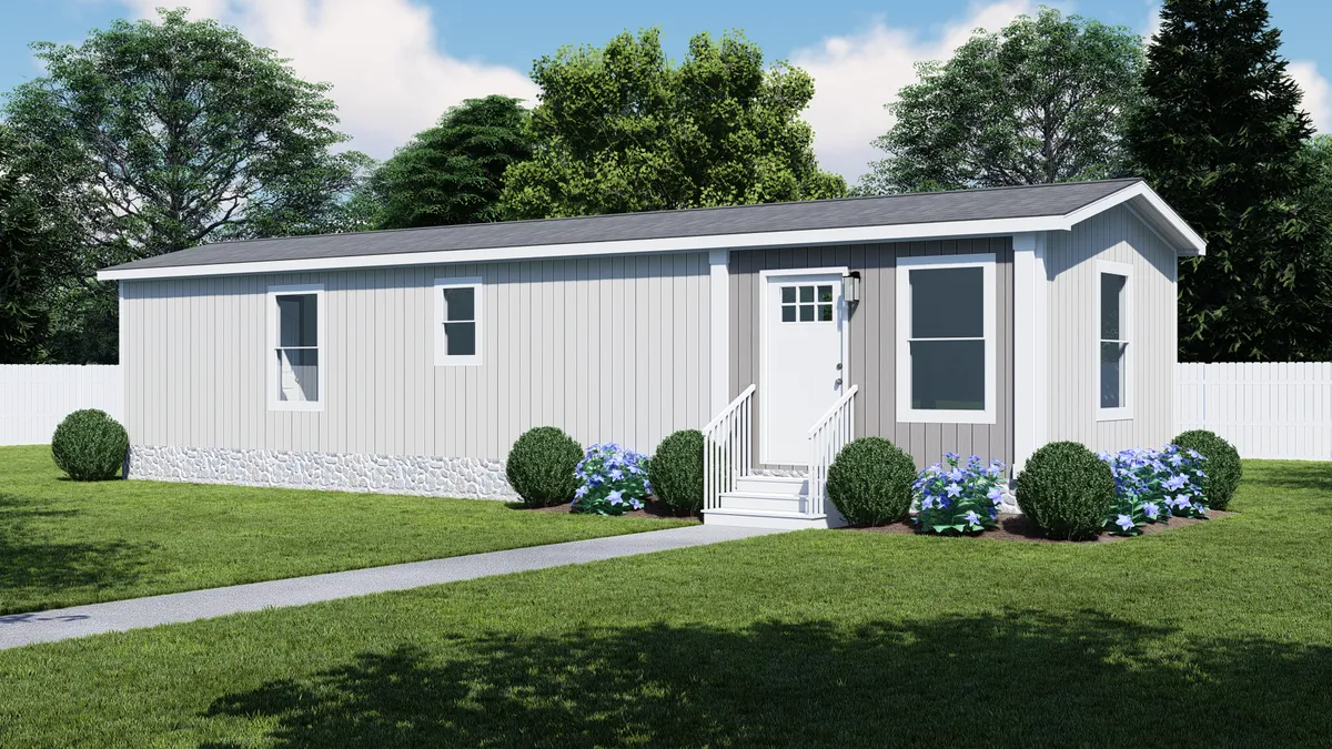 The SATISFACTION Exterior. This Manufactured Mobile Home features 2 bedrooms and 1 bath.