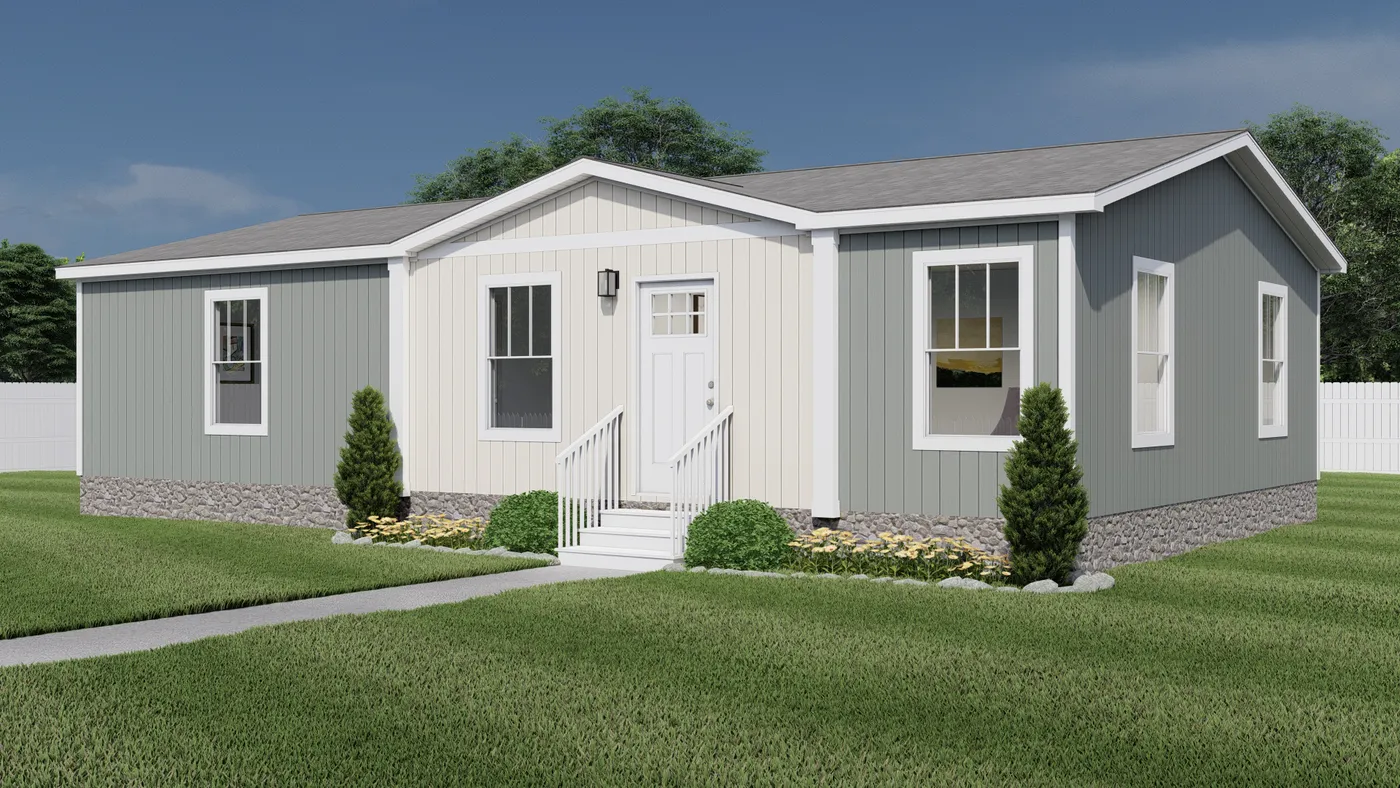 The BEAUTIFUL MORNING Exterior. This Manufactured Mobile Home features 3 bedrooms and 2 baths.