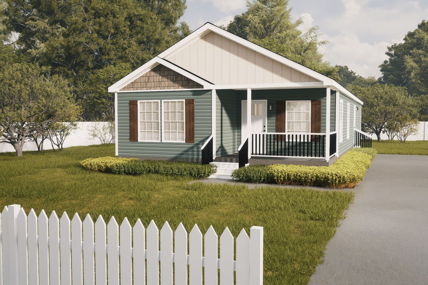 The 2889 THE COTTAGE MOD Exterior. This Modular Home features 3 bedrooms and 2 baths.