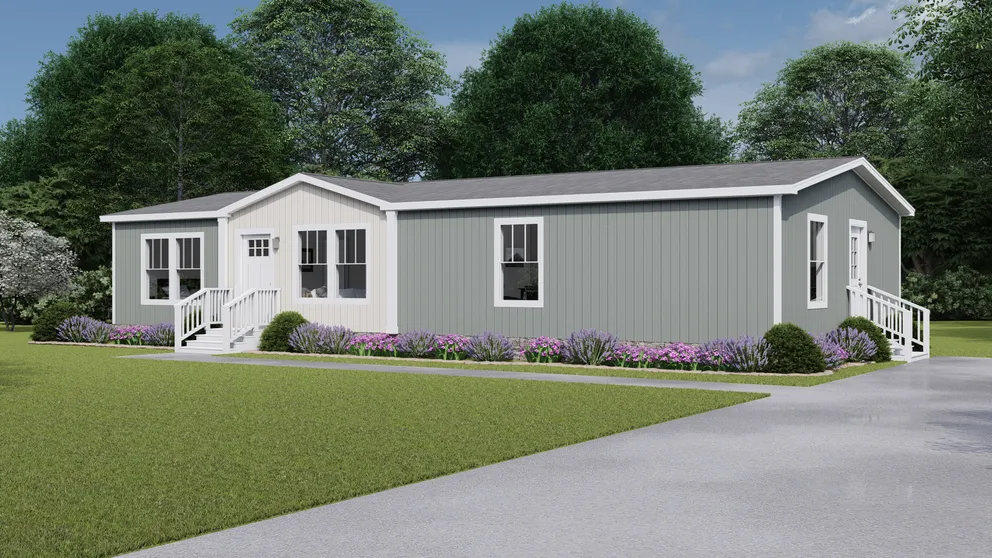 The SHOUT Exterior. This Manufactured Mobile Home features 3 bedrooms and 2 baths. Light Drizzle, Oatmeal and Delicate White.