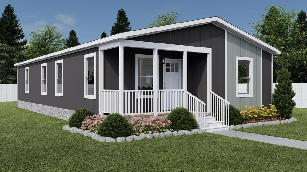 The GOOD TIMES Exterior. This Manufactured Mobile Home features 3 bedrooms and 2 baths. Stones Throw, Light Drizzle and Delicate White. 
