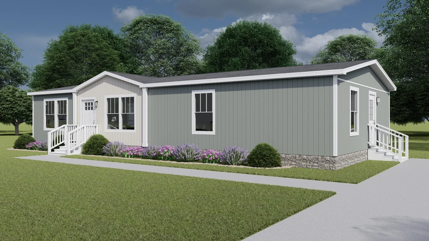 The LET IT BE Exterior. This Manufactured Mobile Home features 3 bedrooms and 2 baths.