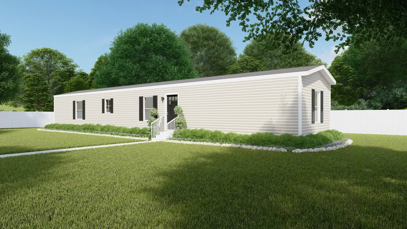 The DESIRE Exterior with Mist Vinyl. This Manufactured Mobile Home features 3 bedrooms and 2 baths.