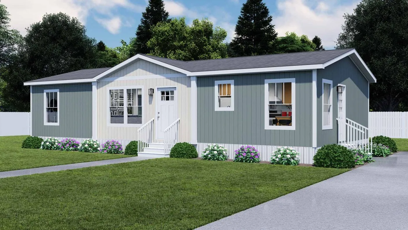 The HERE COMES THE SUN Exterior. This Manufactured Mobile Home features 3 bedrooms and 2 baths.