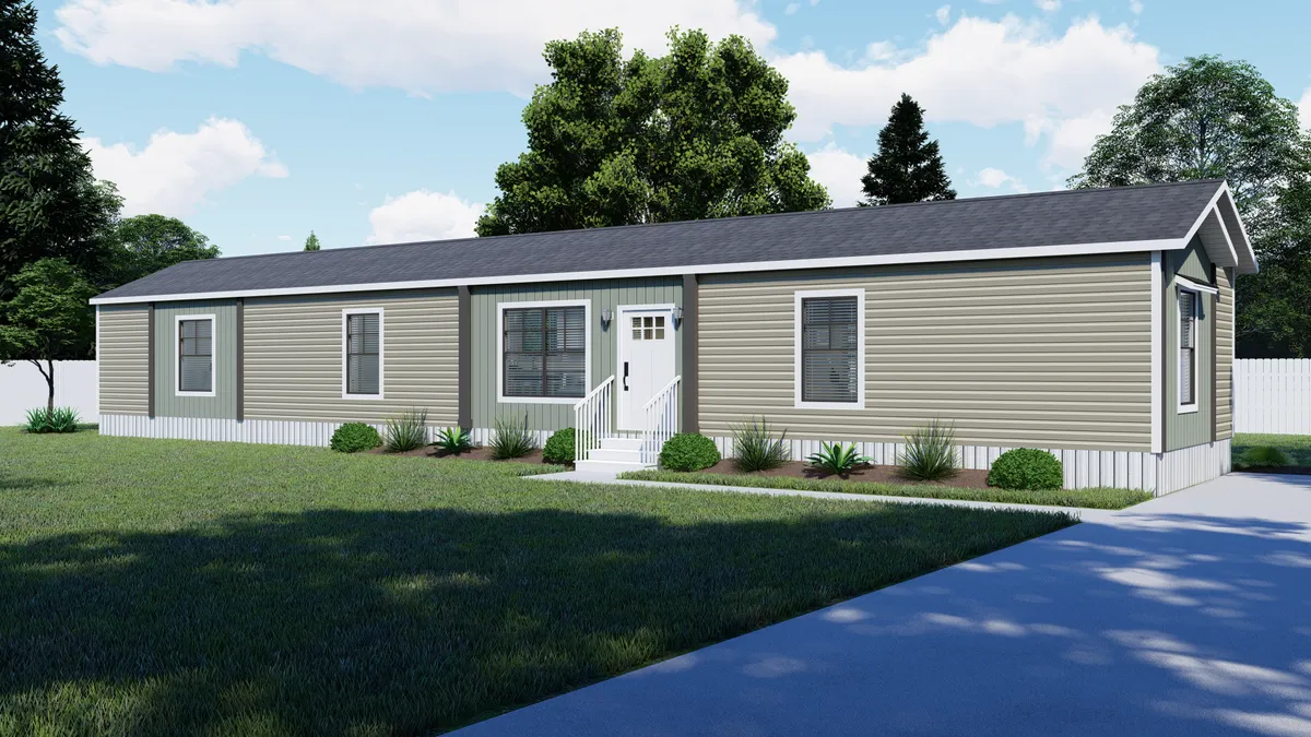 The TRINITY 76 Exterior. This Manufactured Mobile Home features 3 bedrooms and 2 baths.