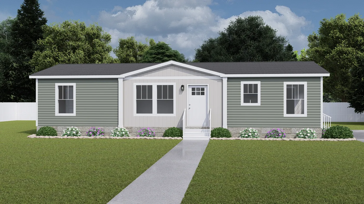 The HERE COMES THE SUN Exterior. This Manufactured Mobile Home features 3 bedrooms and 2 baths.