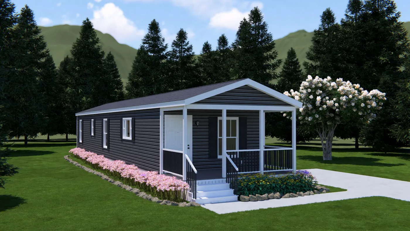 The 4200 "SOUTHPORT" 58'4X16 Exterior. This Manufactured Mobile Home features 2 bedrooms and 2 baths.