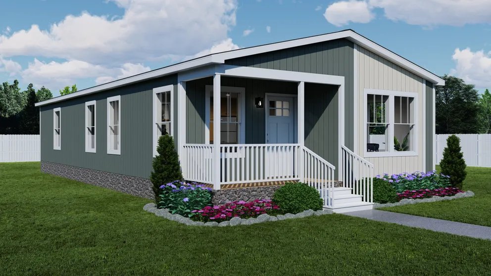 The STAND BY ME Exterior. This Manufactured Mobile Home features 3 bedrooms and 2 baths. Light Drizzle, Oatmeal and Delicate White.