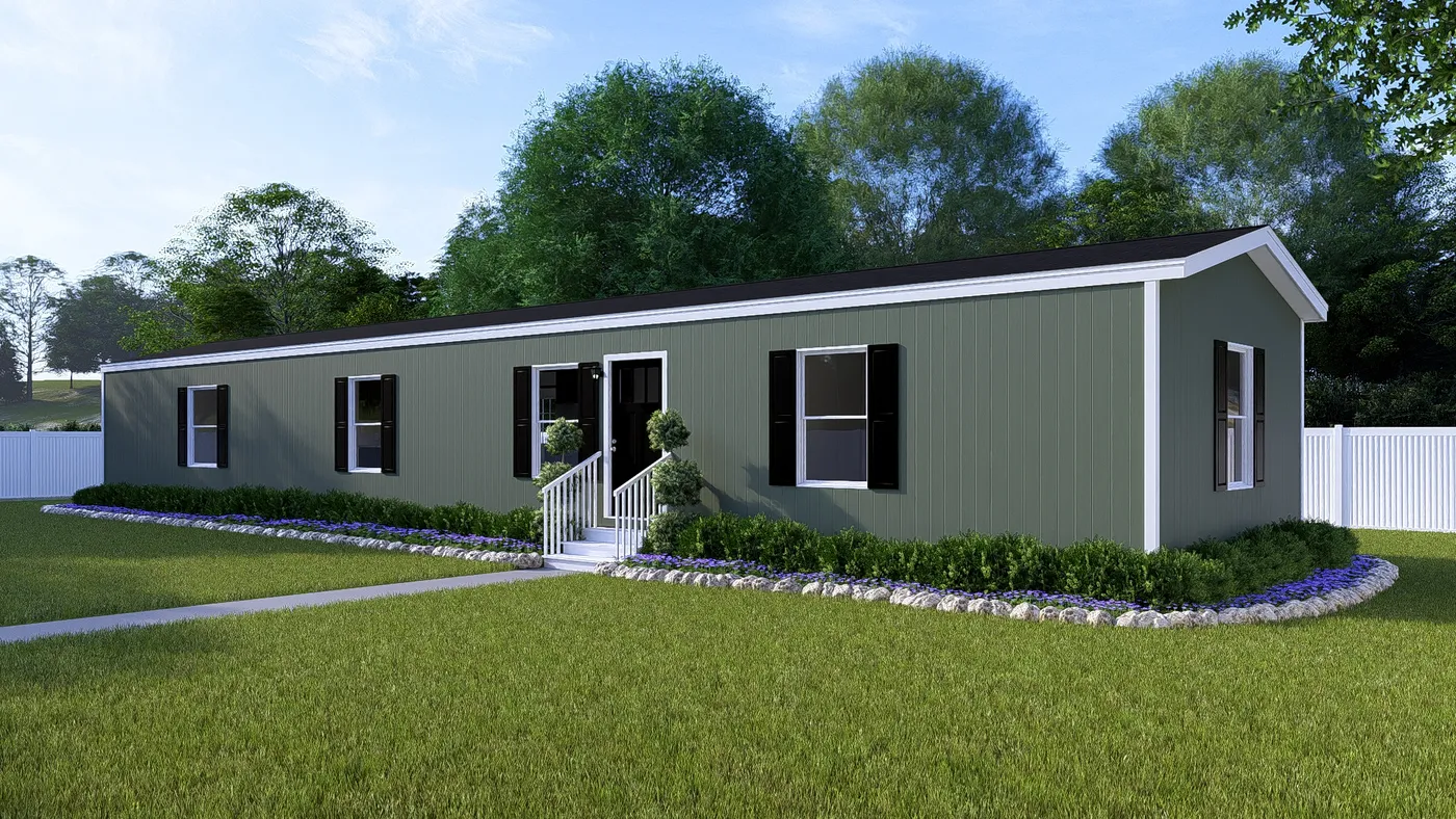 The SENSATION Exterior in Olive. This Manufactured Mobile Home features 3 bedrooms and 2 baths.