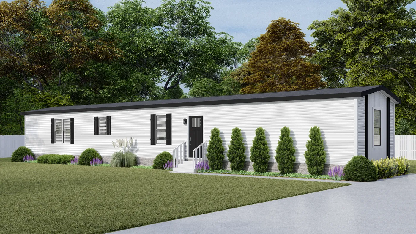 The ANNIVERSARY 76 Exterior. This Manufactured Mobile Home features 3 bedrooms and 2 baths.