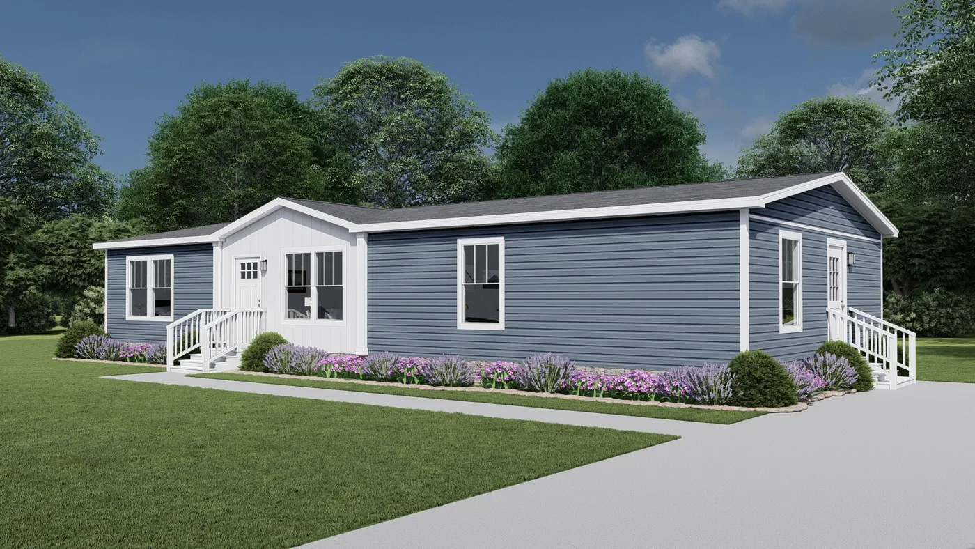 The LOVELY DAY Exterior. This Manufactured Mobile Home features 4 bedrooms and 2 baths.