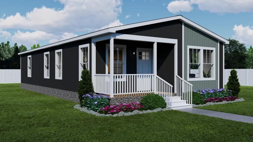 The STAND BY ME Exterior. This Manufactured Mobile Home features 3 bedrooms and 2 baths. Stones Throw, Light Drizzle and Delicate White. 