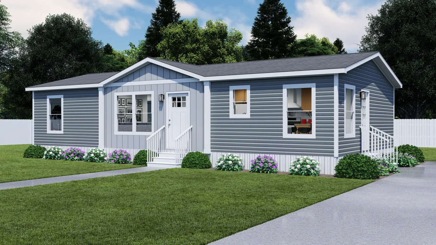 The HERE COMES THE SUN Exterior. This Manufactured Mobile Home features 3 bedrooms and 2 baths.
