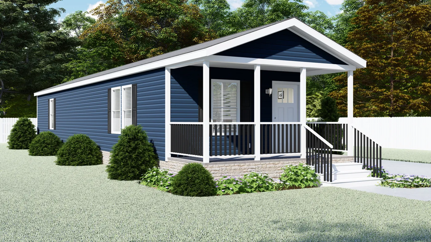 The 5400 "WILDWOOD" 58'4X16 Exterior. This Manufactured Mobile Home features 2 bedrooms and 2 baths.