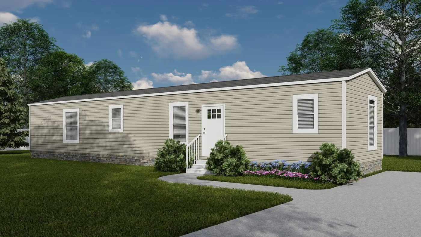The ANNIVERSARY 16602A Exterior. This Manufactured Mobile Home features 2 bedrooms and 2 baths.