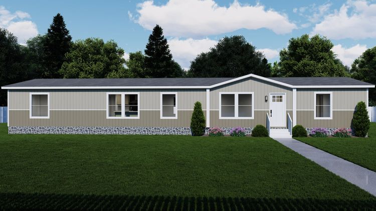 Moth Gray/Stonehenge - Southern Ranch elevation. The RAINIER Exterior. This Manufactured Mobile Home features 4 bedrooms and 3 baths.