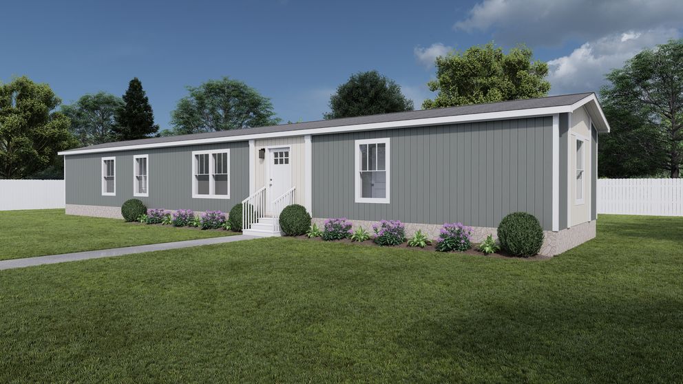 The SOLSBURY HILL Exterior. This Manufactured Mobile Home features 3 bedrooms and 2 baths. Gray Heron, Oatmeal and Delicate White. 
