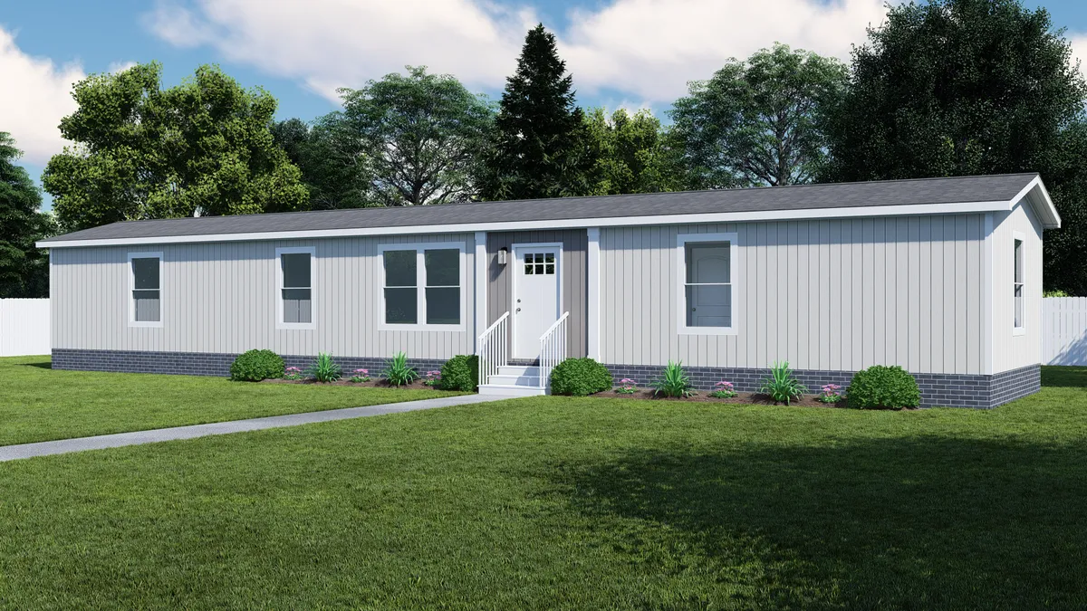 The MOVE ON UP Exterior. This Manufactured Mobile Home features 3 bedrooms and 2 baths.