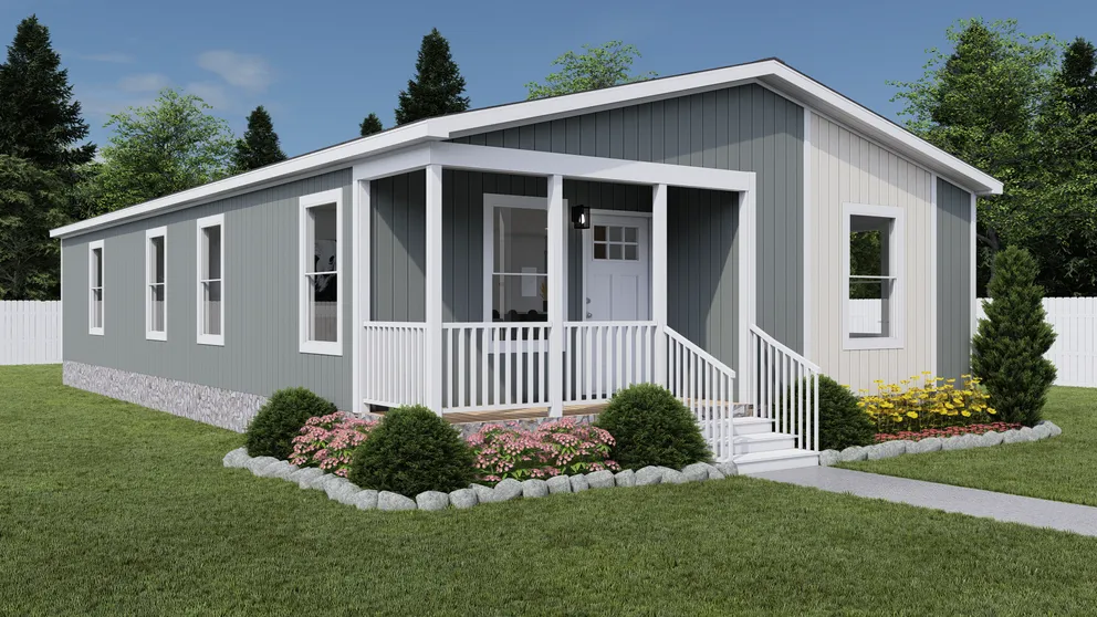 The GOOD TIMES Exterior. This Manufactured Mobile Home features 3 bedrooms and 2 baths. Gray Heron, Oatmeal and Delicate White. 